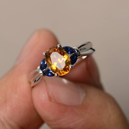 2.50 Ct Oval cut Yellow Citrine & Marquise Blue Sapphire Unique Anniversary Gift Ring In 925 Sterling Silver - atjewels.in