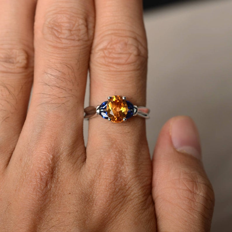 2.50 Ct Oval cut Yellow Citrine & Marquise Blue Sapphire Unique Anniversary Gift Ring In 925 Sterling Silver - atjewels.in