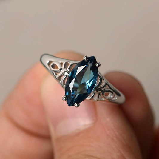 1.00 Ct Marquise Cut London Blue Topaz 925 Sterling Silver Solitaire Anniversary Gift Ring