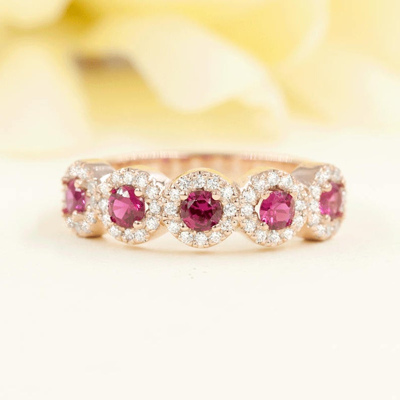 1 CT Round Cut Red Ruby Diamond 925 Sterling Silver Cluster Wedding Ring