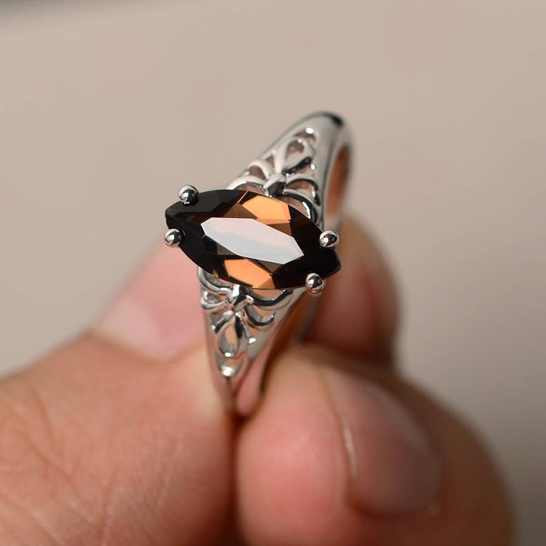 1.00 Ct Marquise Cut Smoky Quartz Solitaire Anniversary Gift Ring In 925 Sterling Silver