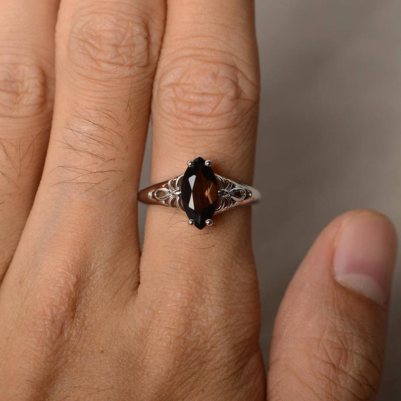 1.00 Ct Marquise Cut Smoky Quartz Solitaire Anniversary Gift Ring In 925 Sterling Silver