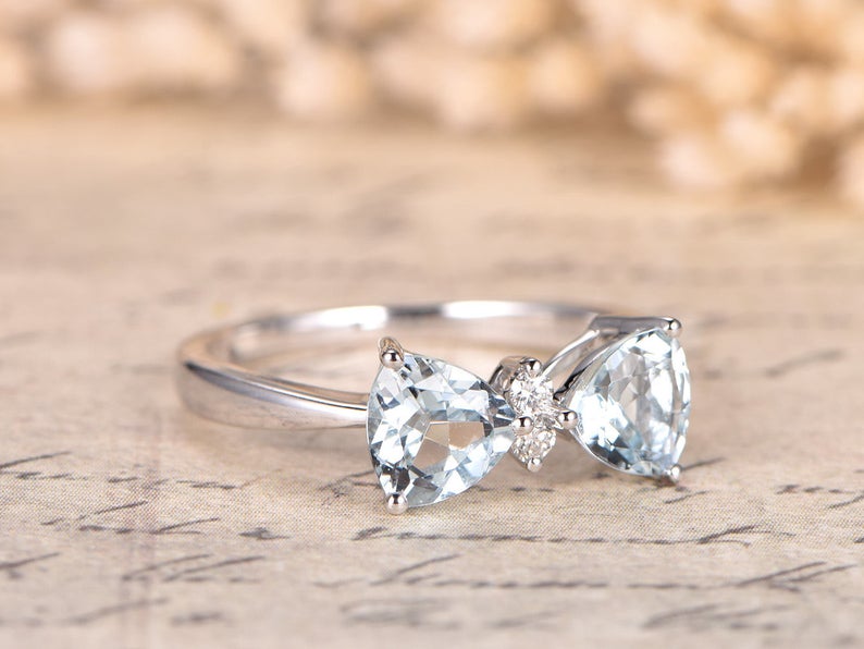 1.50 Ct Trillion Cut Aquamarine 925 Sterling Silver Bow Style Promise Gift Ring For Her