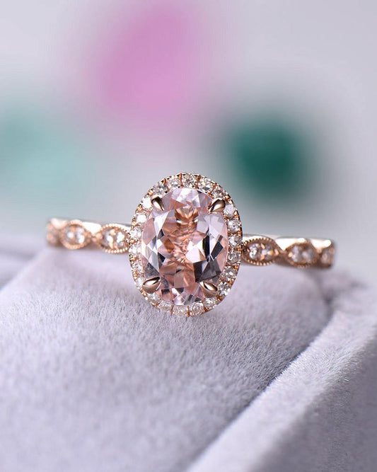 1 CT Oval Cut Pink Morganite Diamond Rose Gold Over On 925 Sterling Silver Halo Engagement Ring