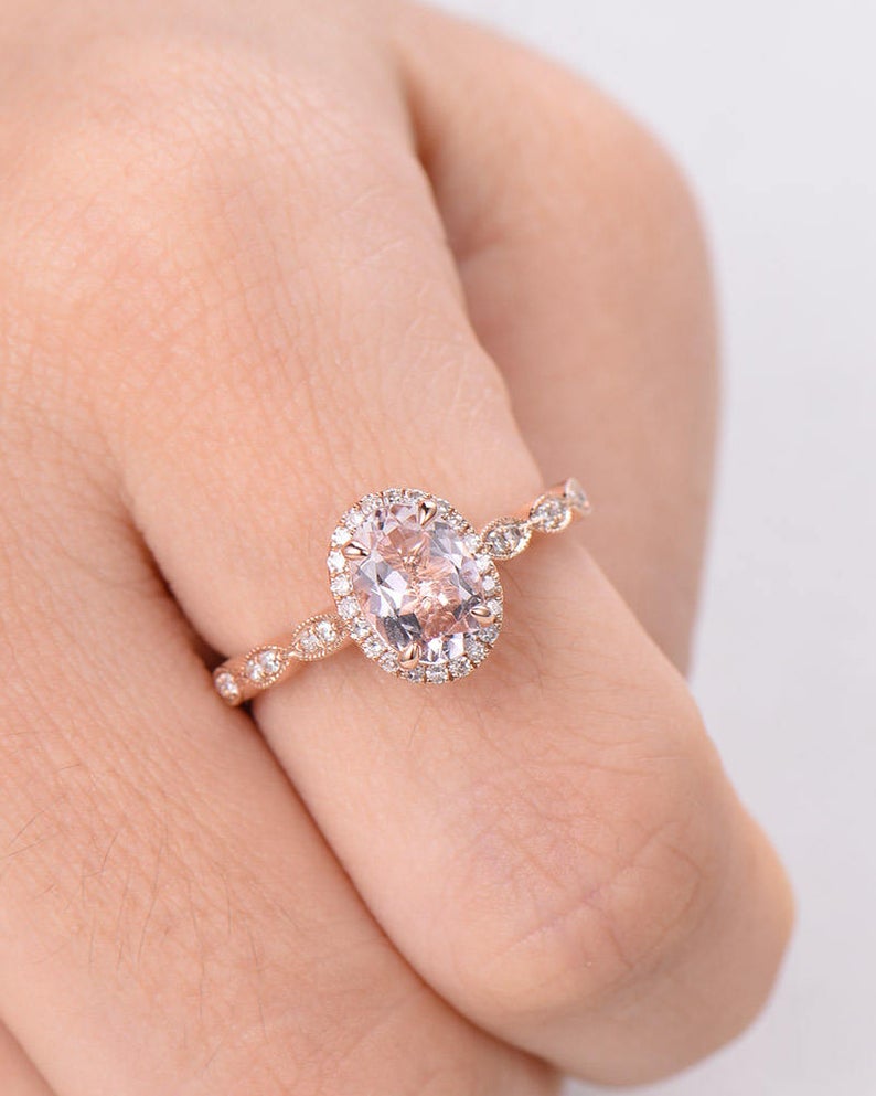 1 CT Oval Cut Pink Morganite Diamond Rose Gold Over On 925 Sterling Silver Halo Engagement Ring