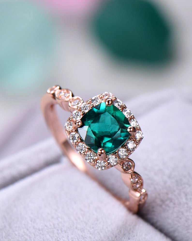 2 CT Cushion Cut Green Emerald Diamond 925 Sterling Silver Halo Women Wedding Rings