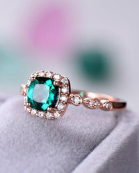 2 CT Cushion Cut Green Emerald Diamond 925 Sterling Silver Halo Women Wedding Rings