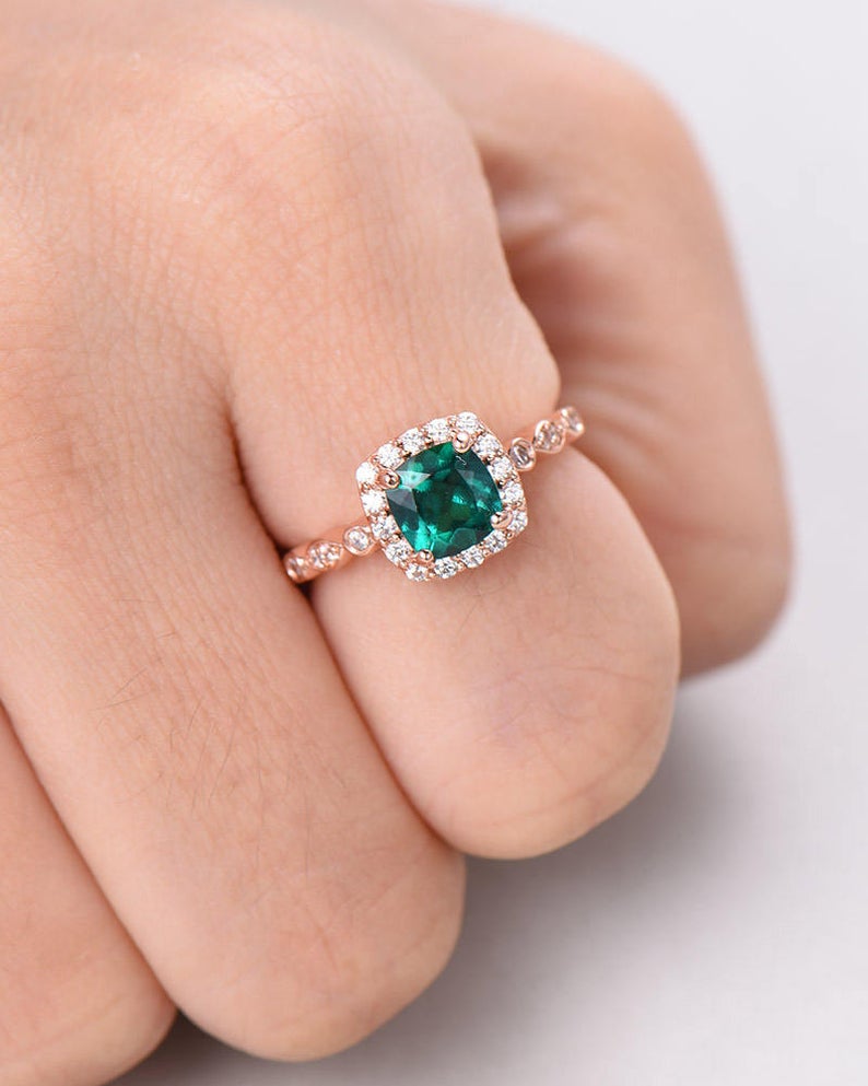 2 CT Cushion Cut Green Emerald Diamond 925 Sterling Silver Halo Women Wedding Rings