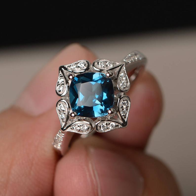 1.75 Ct Cushion Cut London Blue Topaz 925 Sterling Silver Floral Engagement Wedding Ring