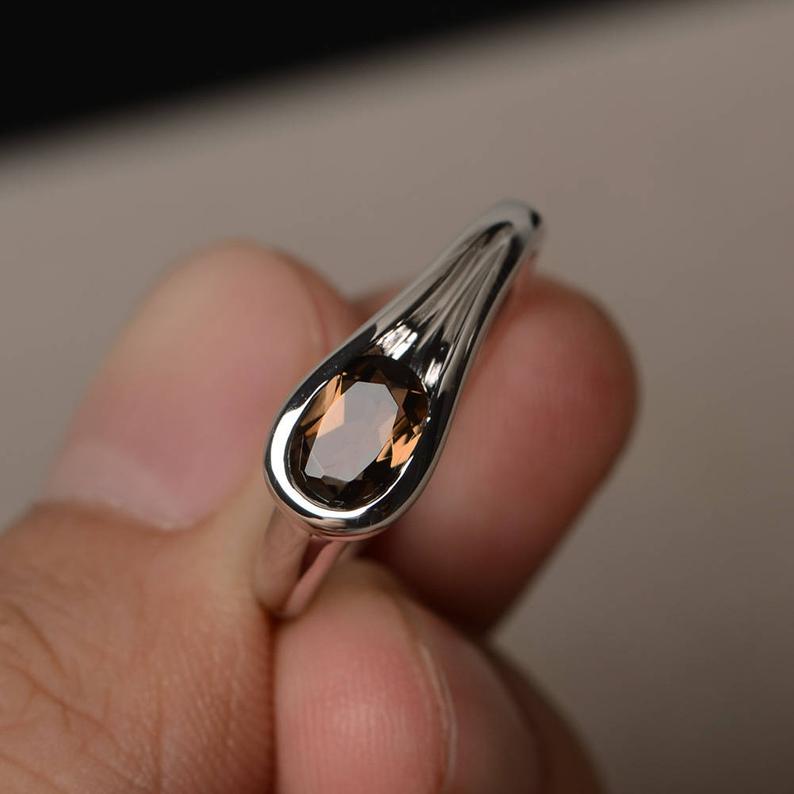 1 Ct Oval Cut Smoky Quartz Solitaire Anniversary Gift Ring In 925 Sterling Silver