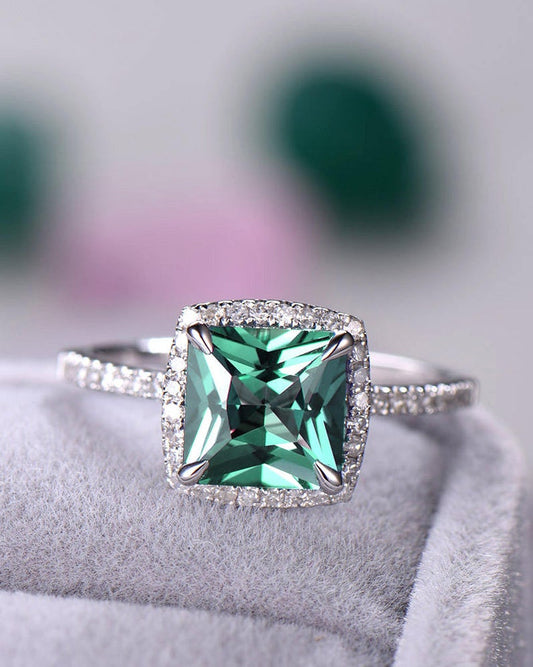 2.75 Ct Cushion Cut Green Emerald 925 Sterling Silver Halo Anniversary Gift Ring