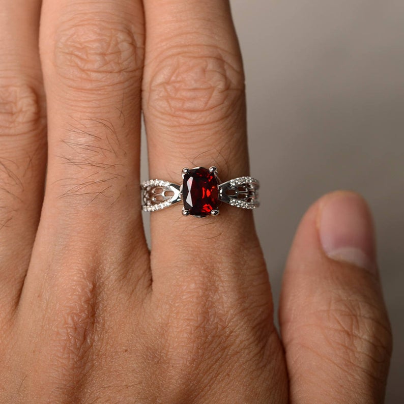 1.20 Ct Cushion Cut Red Garnet 925 Sterling Silver Solitaire W/Accents Anniversary Gift Ring