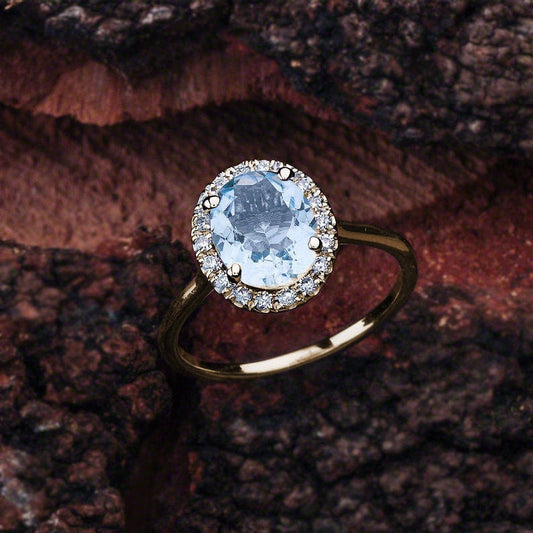 2 CT Round Cut Aquamarine Diamond Yellow Gold Over On 925 Sterling Silver Halo Engagement Ring