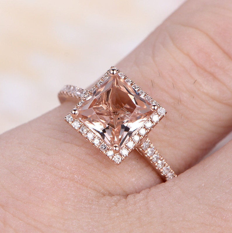 1 CT Princess Cut Morganite Diamond Rose Gold Over On 925 Sterling Silver Halo Engagement Ring