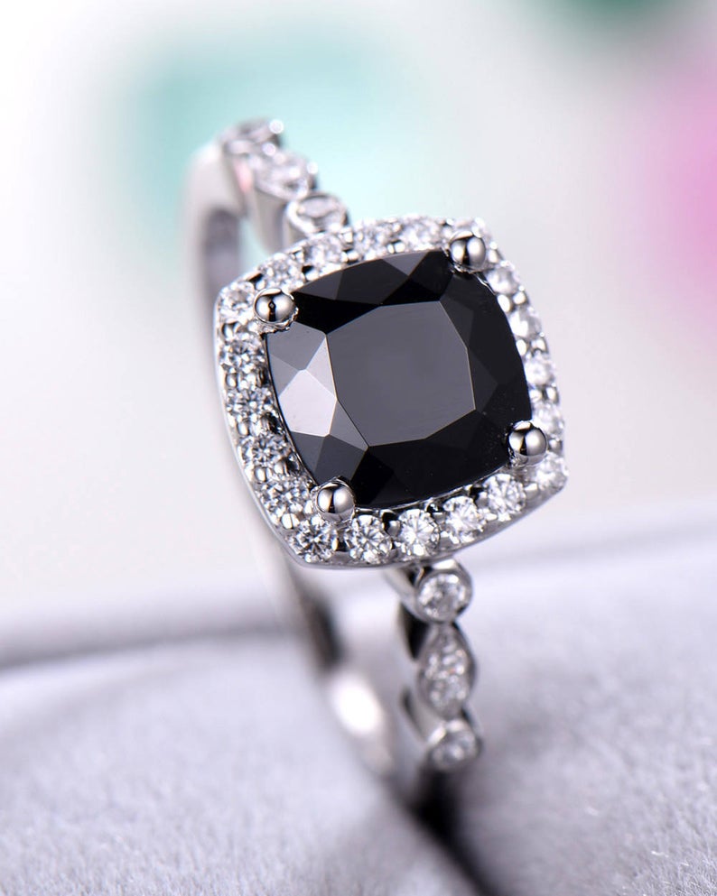 2.25 Ct Cushion Cut Black Diamond Halo Anniversary Gift Ring In 925 Sterling Silver