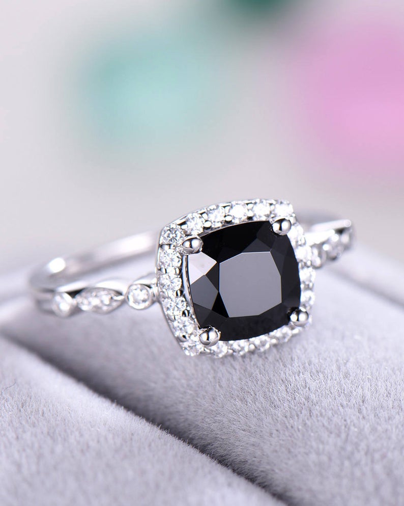 2.25 Ct Cushion Cut Black Diamond Halo Anniversary Gift Ring In 925 Sterling Silver