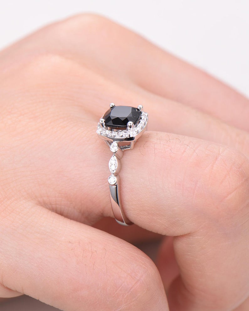 2.25 Ct Cushion Cut Black Diamond Halo Anniversary Gift Ring In 925 Sterling Silver