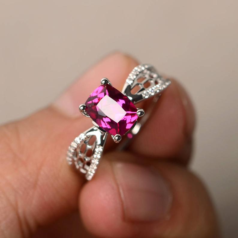 1.20 Ct Cushion Cut Pink Ruby 925 Sterling Silver Solitaire W/Accents Anniversary Gift Ring