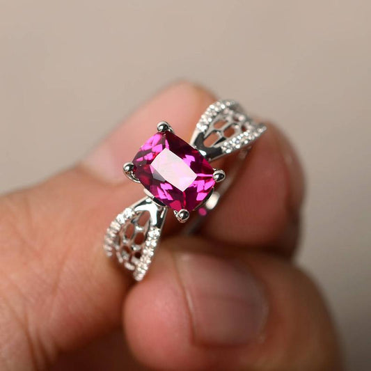1.20 Ct Cushion Cut Pink Ruby 925 Sterling Silver Solitaire W/Accents Anniversary Gift Ring