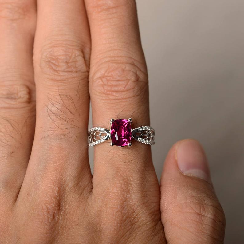 1.20 Ct Cushion Cut Pink Ruby 925 Sterling Silver Solitaire W/Accents Anniversary Gift Ring