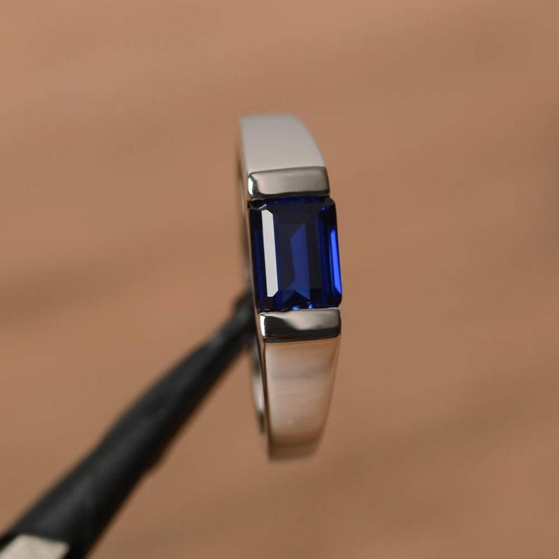 1 Ct Emerald Cut Blue Sapphire Solitaire Engagement Ring In 925 Sterling Silver