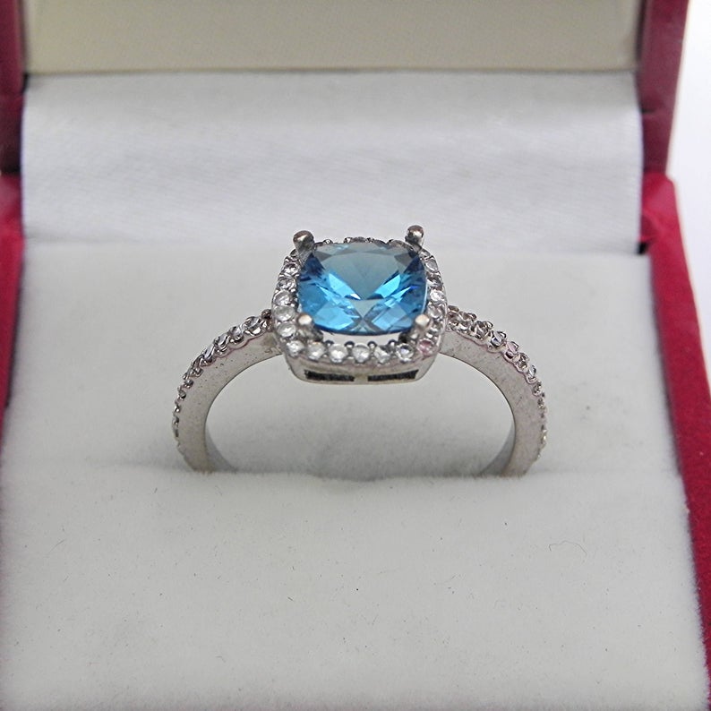 1 CT Cushion Cut London Blue Topaz Diamond 925 Sterling Silver Halo Anniversary ring