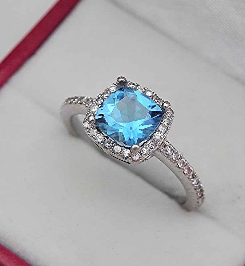 1 CT Cushion Cut London Blue Topaz Diamond 925 Sterling Silver Halo Anniversary ring