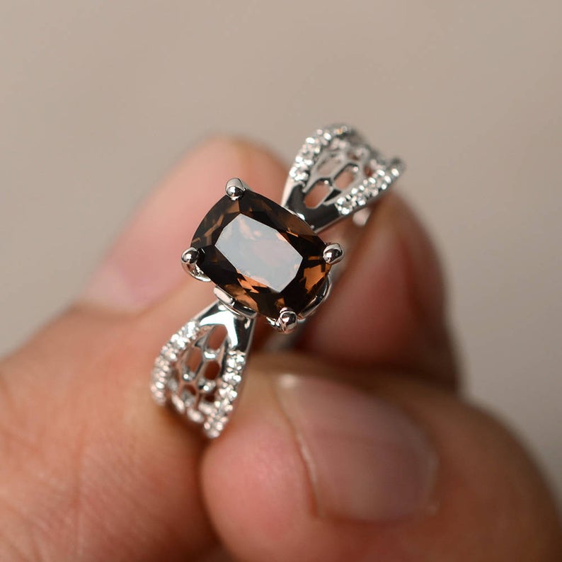 1.25 Ct Cushion Cut Smoky Quartz Solitaire W/Accents Engagement Ring In 925 Sterling Silver