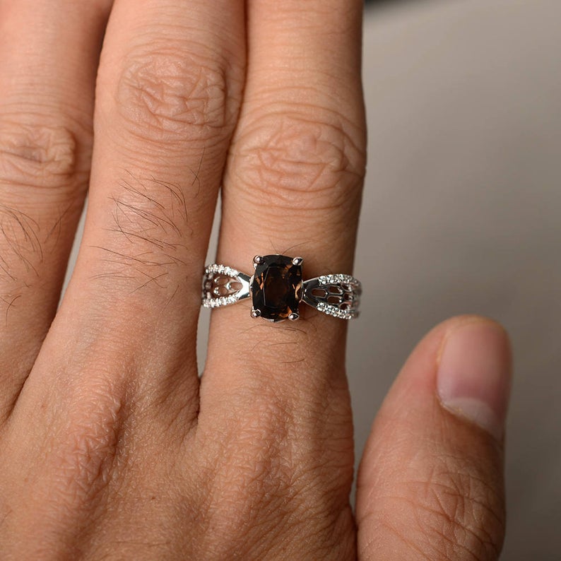 1.25 Ct Cushion Cut Smoky Quartz Solitaire W/Accents Engagement Ring In 925 Sterling Silver