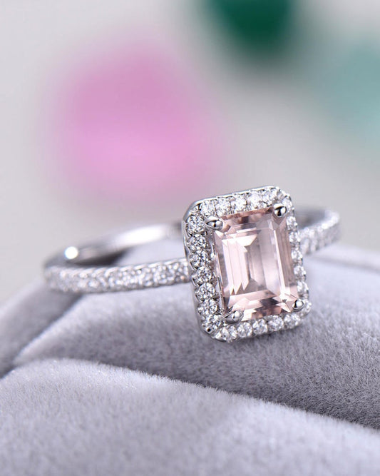 1.50 Ct Emerald Cut Pink Morganite Halo Engagement Ring In 925 Sterling Silver