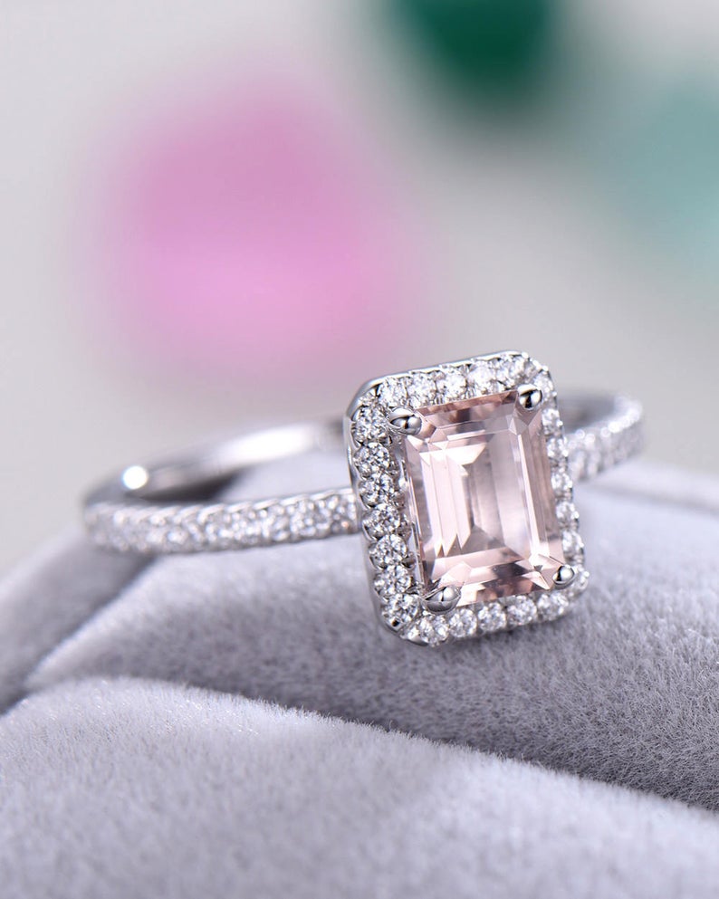 2.50 Ct Emerald Cut Pink Morganite White Gold Finish 925 Sterling Silver Halo Engagement Ring
