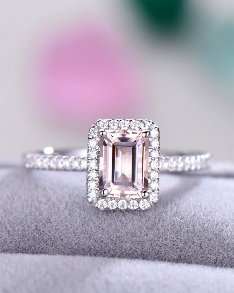 1.50 Ct Emerald Cut Pink Morganite Halo Engagement Ring In 925 Sterling Silver