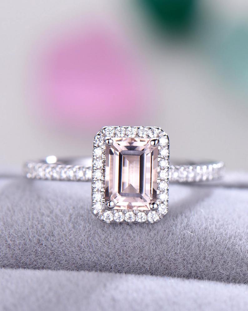 1.50 Ct Emerald Cut Pink Morganite Solitaire W/Accents Engagement Ring In 925 Sterling Silver