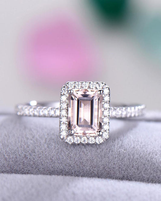 1.50 Ct Emerald Cut Pink Morganite Solitaire W/Accents Engagement Ring In 925 Sterling Silver