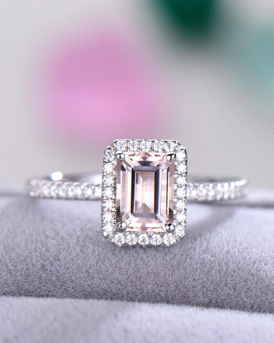 2.50 Ct Emerald Cut Pink Morganite White Gold Finish 925 Sterling Silver Halo Engagement Ring