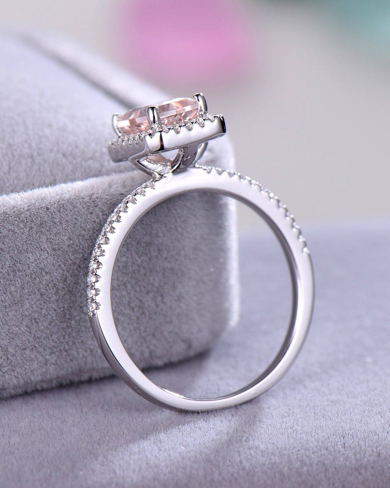 2.50 Ct Emerald Cut Pink Morganite White Gold Finish 925 Sterling Silver Halo Engagement Ring