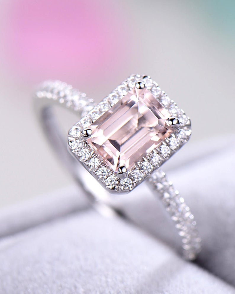 1.50 Ct Emerald Cut Pink Morganite Halo Engagement Ring In 925 Sterling Silver