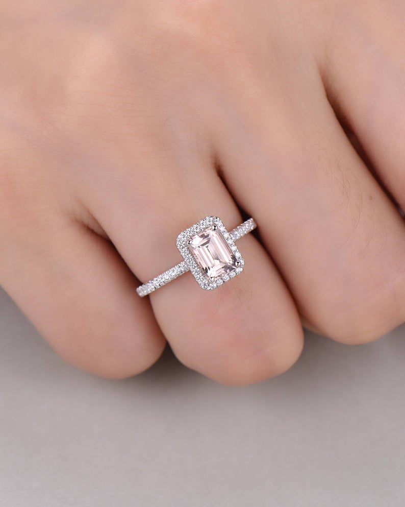 2.50 Ct Emerald Cut Pink Morganite White Gold Finish 925 Sterling Silver Halo Engagement Ring