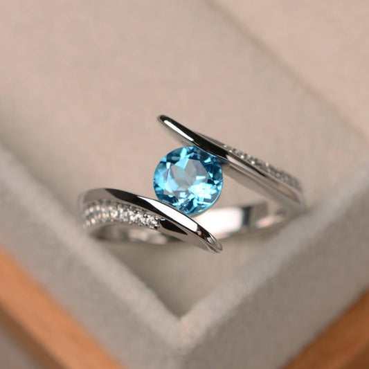 1.20 Ct Round Cut Blue Topaz 925 Sterling Silver Bypass Promise Gift Ring In 925 Sterling Silver - atjewels.in