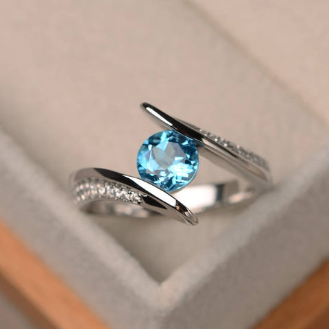 1.20 Ct Round Cut Blue Topaz 925 Sterling Silver Bypass Promise Gift Ring In 925 Sterling Silver