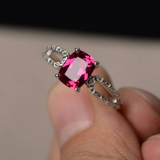 1.20 Ct Cushion Cut Red Ruby Split Shank Solitaire Promise Ring In 925 Sterling Silver