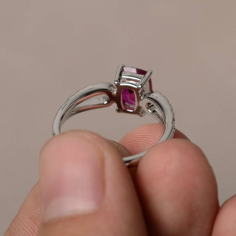 1.20 Ct Cushion Cut Red Ruby Split Shank Solitaire Promise Ring In 925 Sterling Silver