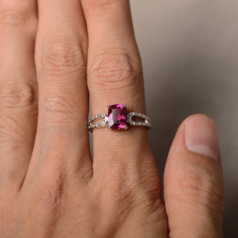 1.20 Ct Cushion Cut Red Ruby Split Shank Solitaire Promise Ring In 925 Sterling Silver