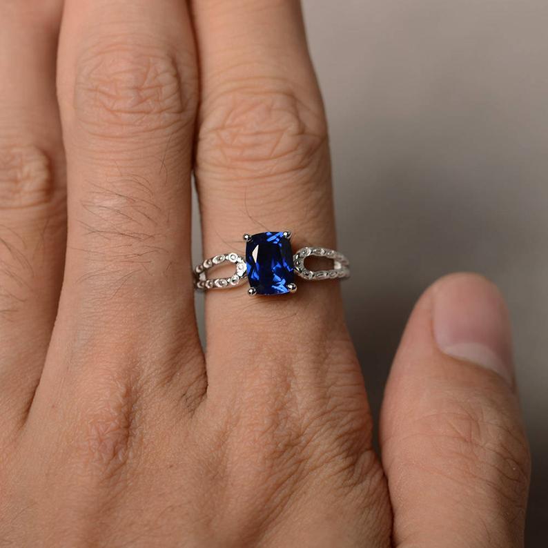 1 CT Cushion Cut Blue Sapphire Diamond 925 Sterling Silver Solitaire Promise Ring