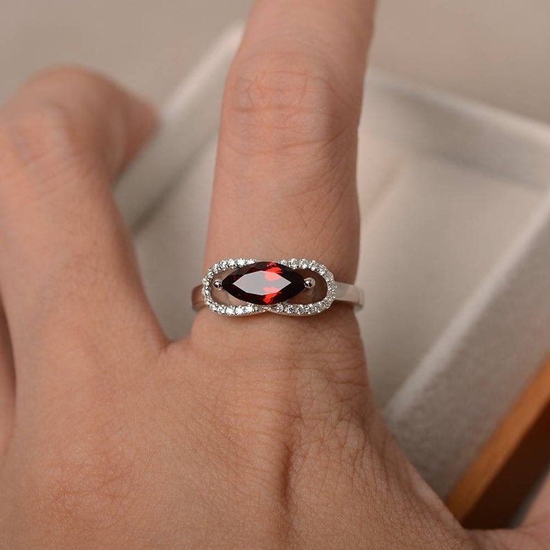 1.20 Ct Marquise Cut Red Garnet Solitaire W/Accents Promise Gift Ring In 925 Sterling Silver