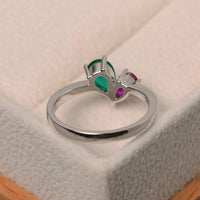 2 Ct Pear Cut Green Emerald & Red Ruby 925 Sterling Silver Two-Stone Gift Ring For Her