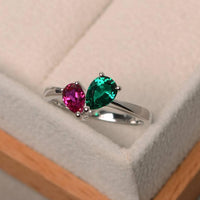 2 Ct Pear Cut Green Emerald & Red Ruby 925 Sterling Silver Two-Stone Gift Ring For Her