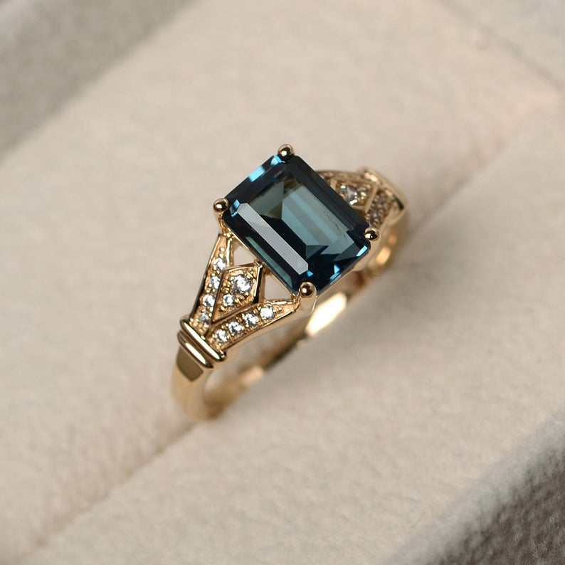 2.75 Ct Emerald Cut London Blue Topaz Yellow Gold Over On 925 Sterling Silver Unique Engagement Ring