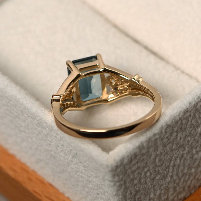 2.75 Ct Emerald Cut London Blue Topaz Yellow Gold Over On 925 Sterling Silver Unique Engagement Ring