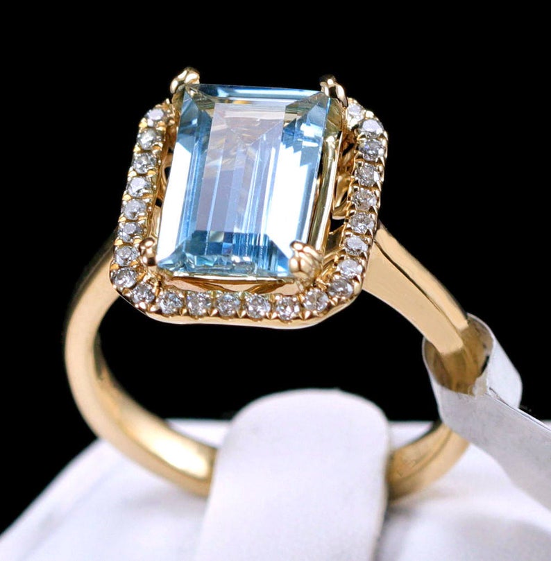 CT Emerald Cut Aquamarine Diamond 925 Sterling Silver Halo Wedding Ring